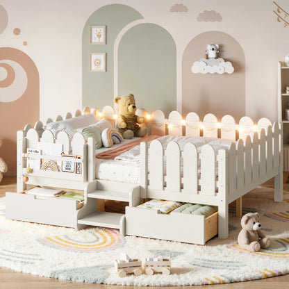 Bellemave Full Kids Montessori Bed with Stairs, Bookshelf and LED Lights, Solid Wood Kids Bed Frame with Storage Drawers for Boys Girls, Low Profile,Beige