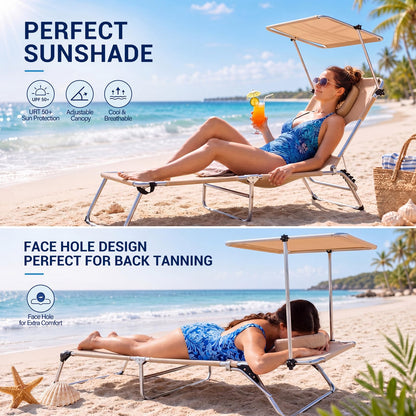 Karenhi 3 Pcs Beach Lounge Chair Set with Table and Face Hole, Adjustable Tanning Recliner with Canopy, 2 Replaceable Towels Portable Folding Design for Outdoor, Poolside, Patio and Sunbathing