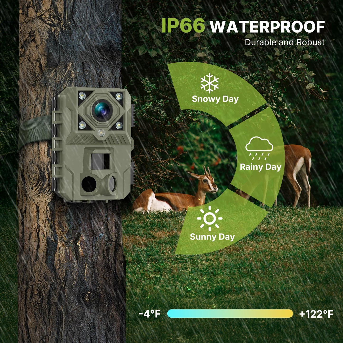 WOSPORTS Night Full Color Trail Camera,5K 60MP 0.1s Trigger Game Camera with Clear 100ft,Dual Mode(Low-Glow IR & White Light),IP66 Trail Cam for Wildlife Monitoring & Security, H.264 MP4 Video