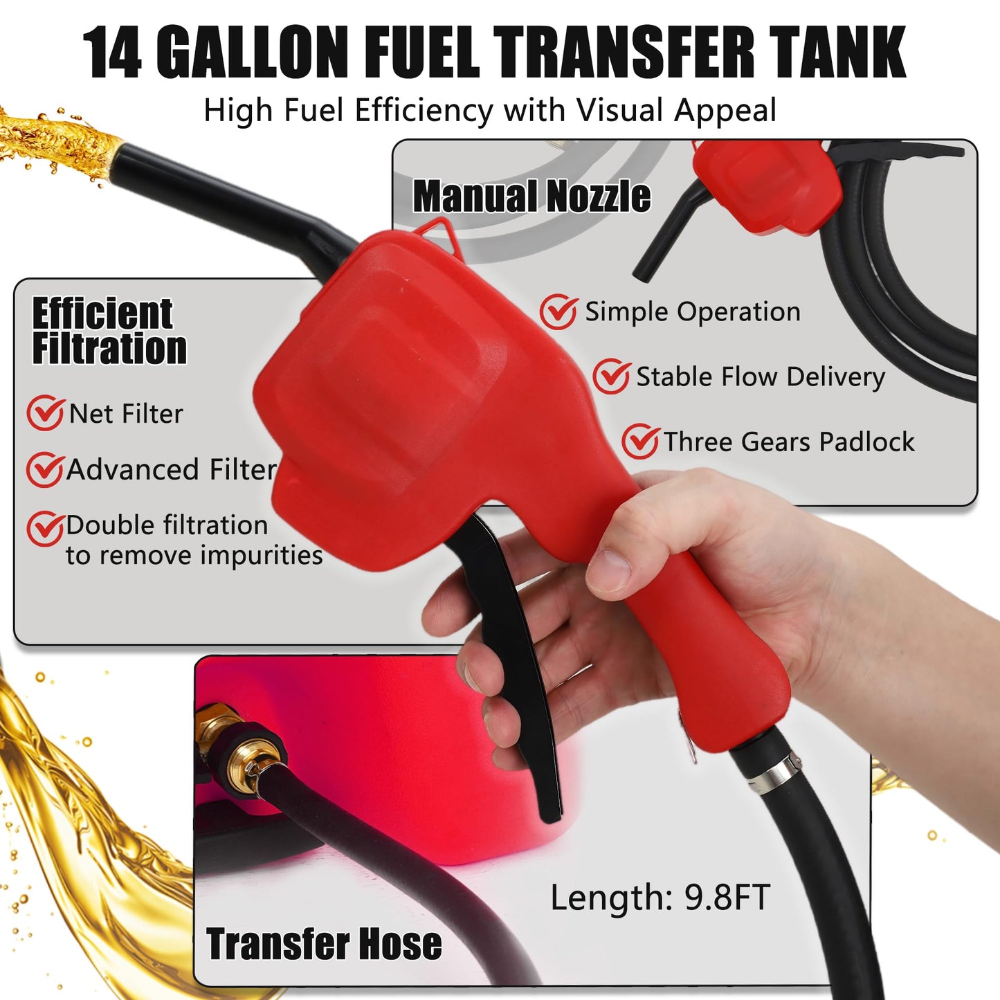 PeakPursuit 14 gal Gas Caddy, 57L Portable Fuel Tank and Fuel Transfer Pump with 10-Foot Hose for Lawn Mower, Farm, Marine, and Home Use