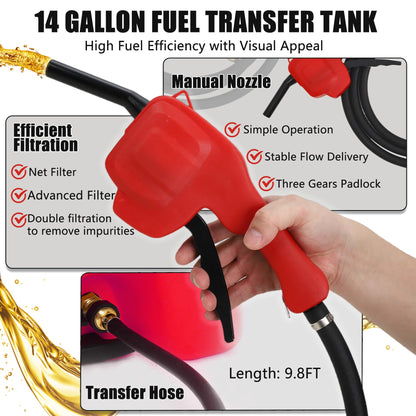 PeakPursuit 14 gal Gas Caddy, 57L Portable Fuel Tank and Fuel Transfer Pump with 10-Foot Hose for Lawn Mower, Farm, Marine, and Home Use