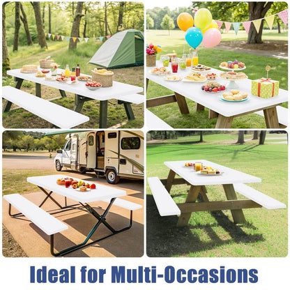 Moosfor Picnic Table Cover with Bench Covers, Elastic Fitted Spandex Tablecloths for 6 Foot Rectangle Tables, Stretch Washable Patio Tablecloth for Outdoor, Camping (White, 30"x72")