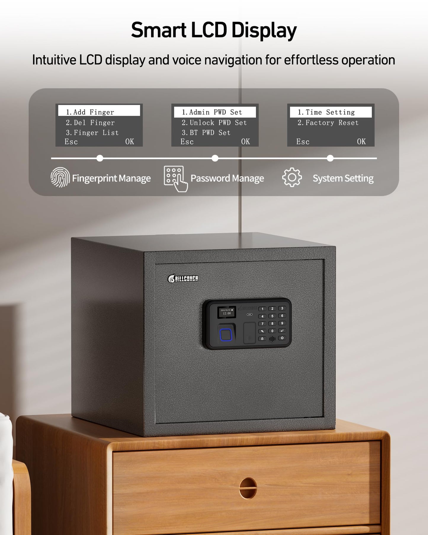 Billconch Smart Gun Safe for Multiple Pistols - Automatic Lock Safe Box with LCD Display/Voice Guide, Quick Access Unlock with Fingerprint/Keypad/Key/App, Biometric Handgun Safe for Money Valuables