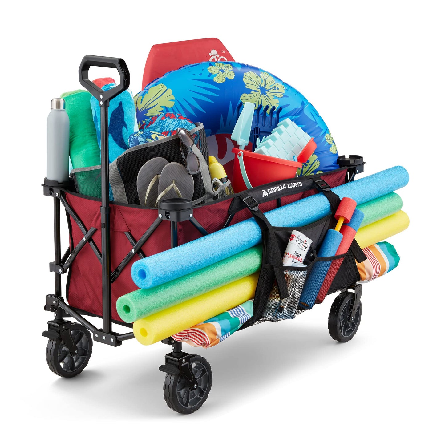 Gorilla Carts Collapsible Folding Outdoor Utility Wagon, 7 Cu Ft Oversized Bed, 150 lb Load Rating, Red – Foldable Rolling Cart w/ Pockets & Cup Holders for Beach, Camping, Sports or Picnic