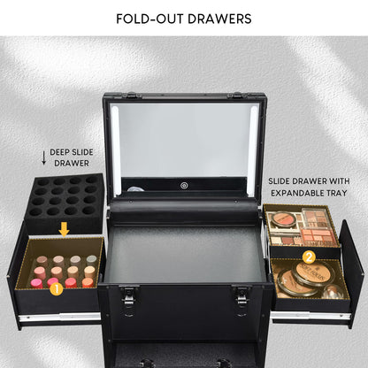 Faquenc Rolling Makeup Case with lighted mirror, Cosmetology Case on Wheels with LED Mirror, Professional Salon Trolley Cart with Drawer,Travel Makeup Lockable Beauty Organizer with Live Stream Light