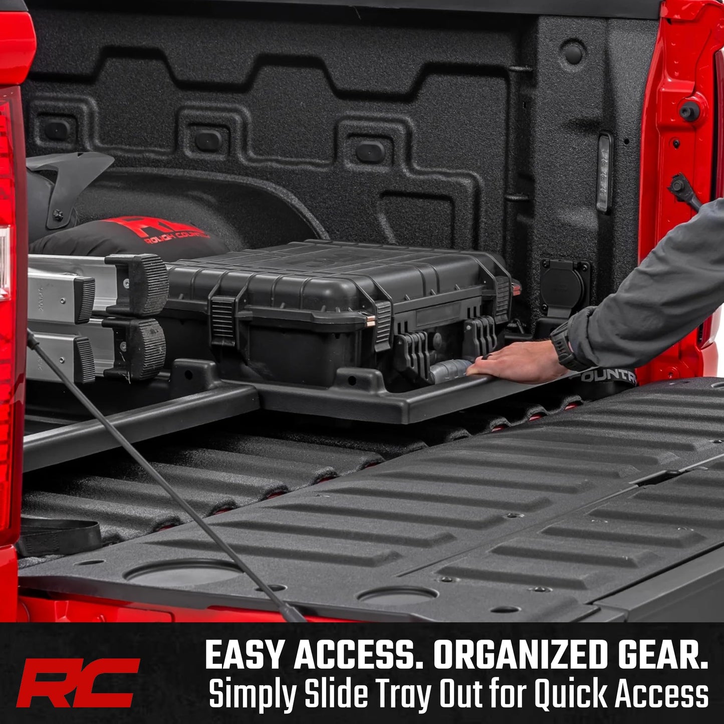 Rough Country Slide-Out Truck Bed Cargo Tray - Organizer for 5'7"+ Beds, Heavy-Duty Polyethylene, UV-Protected, Easy Tailgate Access