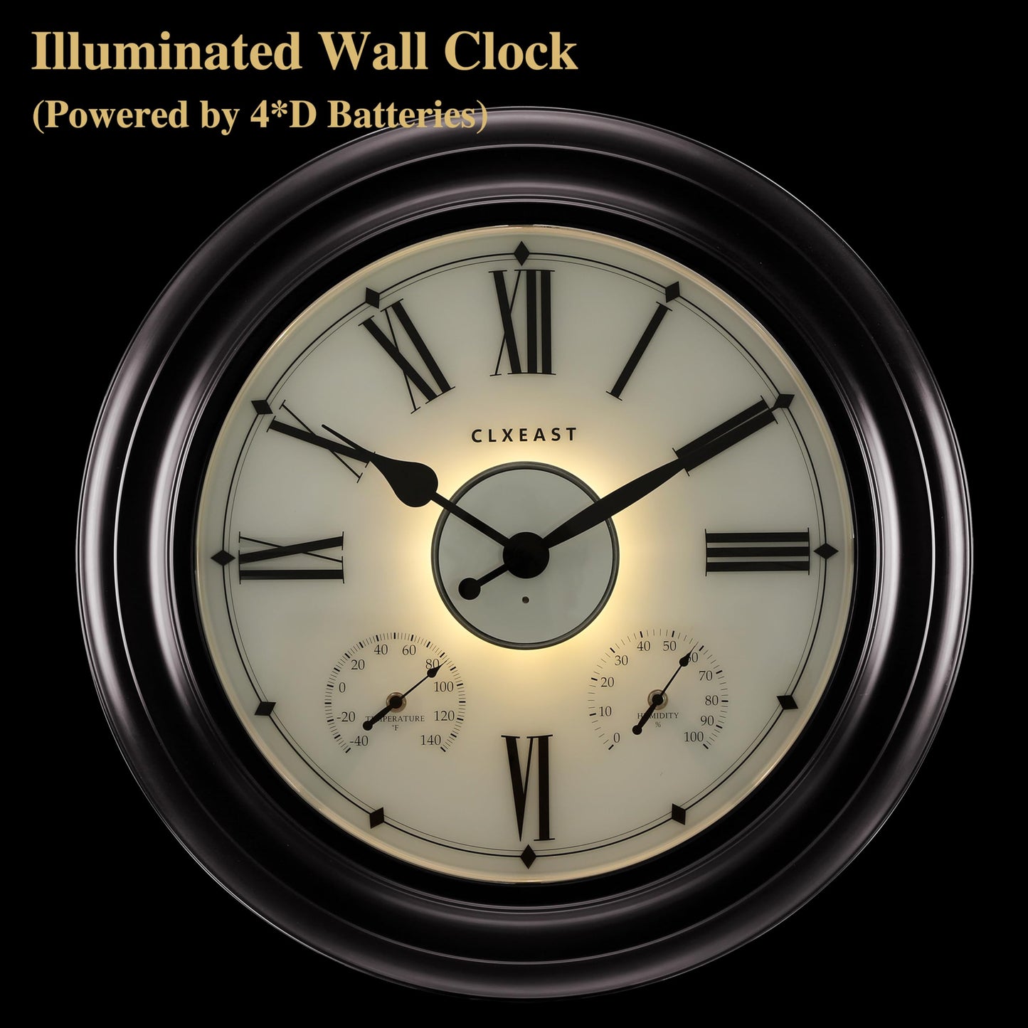 CLXEAST Illuminated Outdoor Indoor Metal Clocks Waterproof 24 inch, Oil Rubbed Bronze Black,Oversized Large Outdoor Roman Numeral Wall Clock with Thermometer & Hygrometer