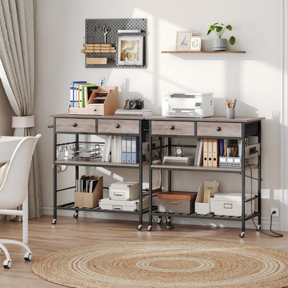 HOOBRO Kitchen Island with Storage, Rolling Island Cart for Kitchen with 2 Drawers & Outlet, 3 Tier Coffee Station and Microwave Stand, Kitchen Island Table for Home, Greige BG08UZD01
