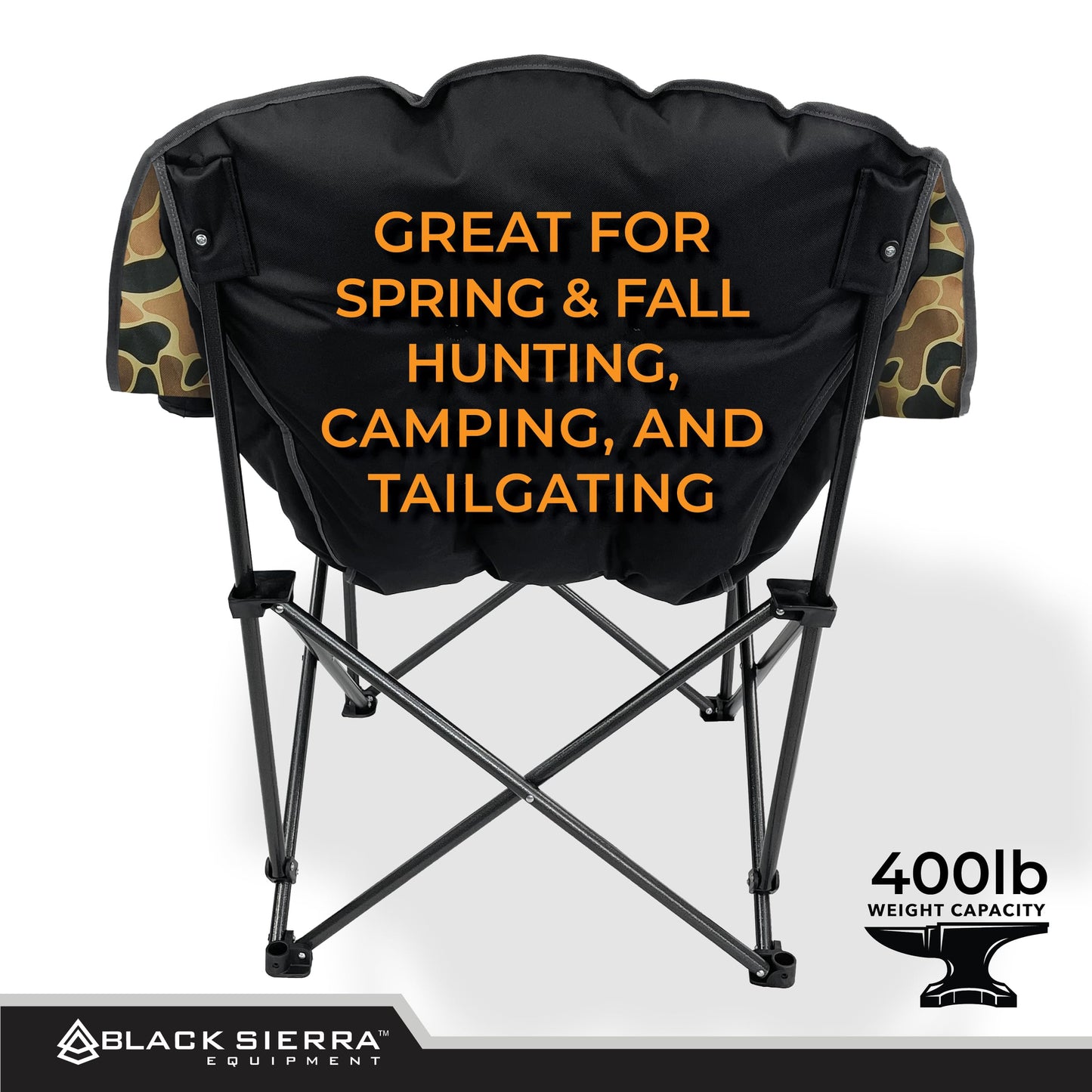 Black Sierra Heated Plush Fleece XL Padded Camping Chair for Adults, Oversized Heavy Duty Folding Seat with 3‑Level Heat & Battery Pack, Supports 400 lbs, Cup Holders & Carry Bag for Camping & RV