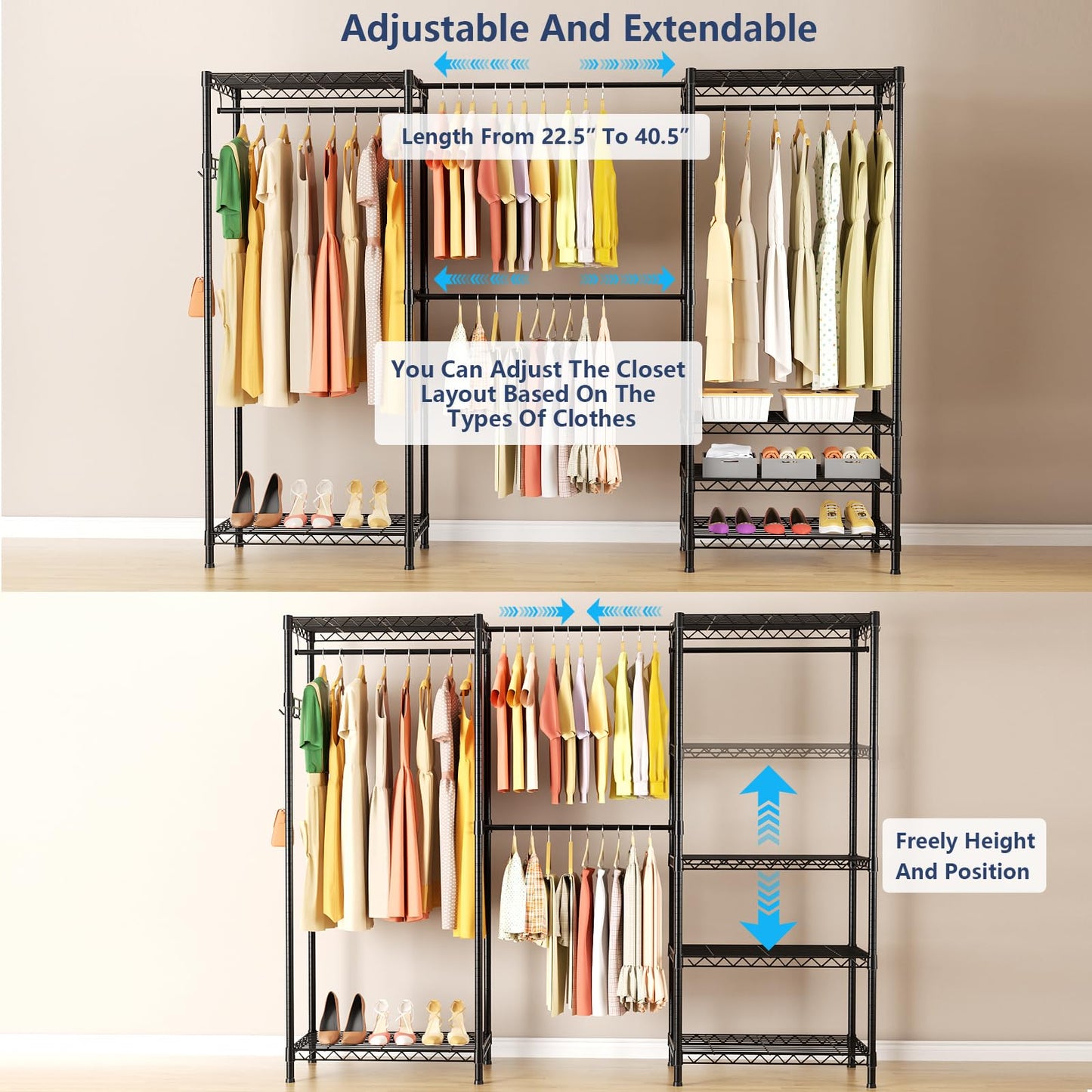 VANZBON Heavy Duty Closet Garment Rack, 6 Tiers Adjustable Metal Freestanding Expandable Clothing Storage with 4 Hanger Rods, Easy to Assemble Wardrobe, 71.4" H x (70" - 88.2") L x 14" D, Black