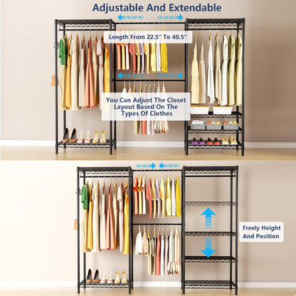 VANZBON Heavy Duty Closet Garment Rack, 6 Tiers Adjustable Metal Freestanding Expandable Clothing Storage with 4 Hanger Rods, Easy to Assemble Wardrobe, 71.4" H x (70" - 88.2") L x 14" D, Black