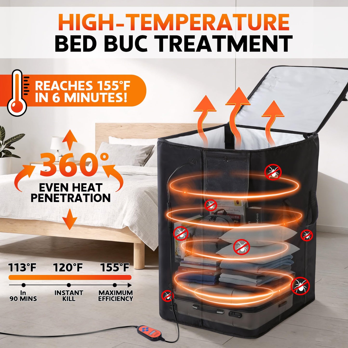 Bed Bug Heater, 360° High Temperature Portable Bed Bug Treatment Equipment with Digital Timer & Temperature Control, Fast Heating to 155°F for Moths, Carpet Beetles and Lice(Black)