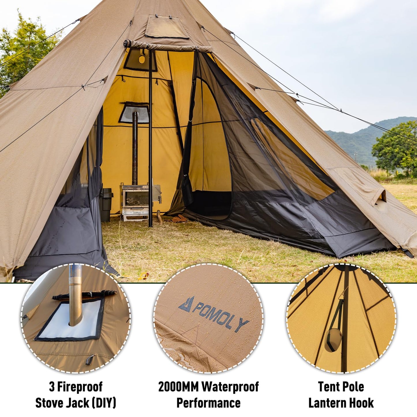 POMOLY Tipi Tent Camping Hot Tents, Bromance 70 Pyramid with 3 Stove Jacks for 2-4 Person Hiking Hunting (with Inner Tent)