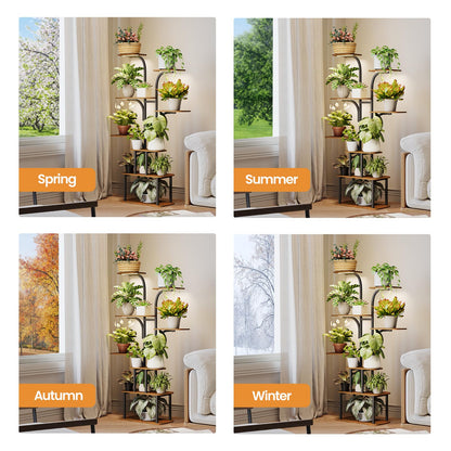 MemoCastle Tall Plant Stand with Grow Lights – 8 Tier 63" Metal and Wooden Indoor Flower Shelf Rack, Adjustable Large Corner Organizer for Living Room or Home Gardening Display