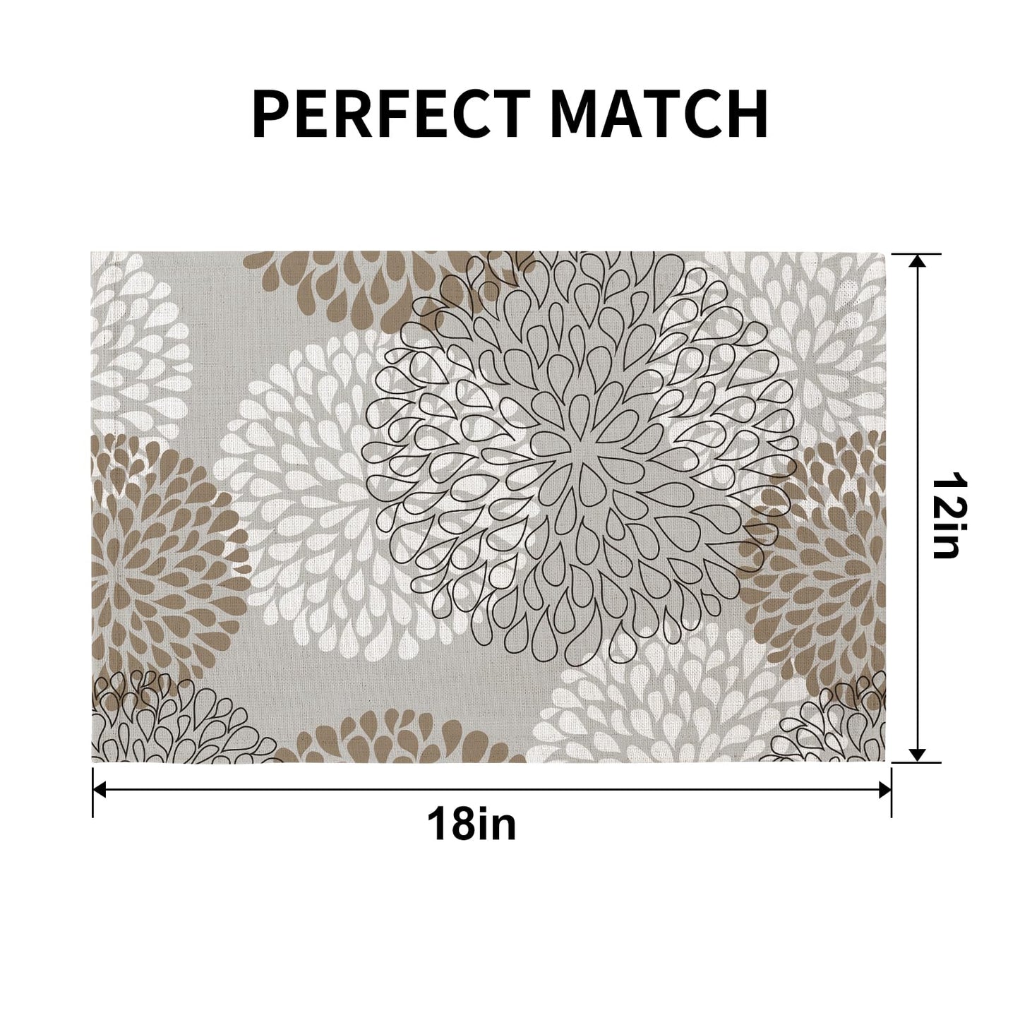 QIYI Boho Placemats Set of 6, 12x18 Inch Linen Fabric Place Mats for Kitchen Dinning, Farmhouse Rustic Floral Cloth Table Mats, Washable Placemat Party Table Décor, Brown Floral Burst
