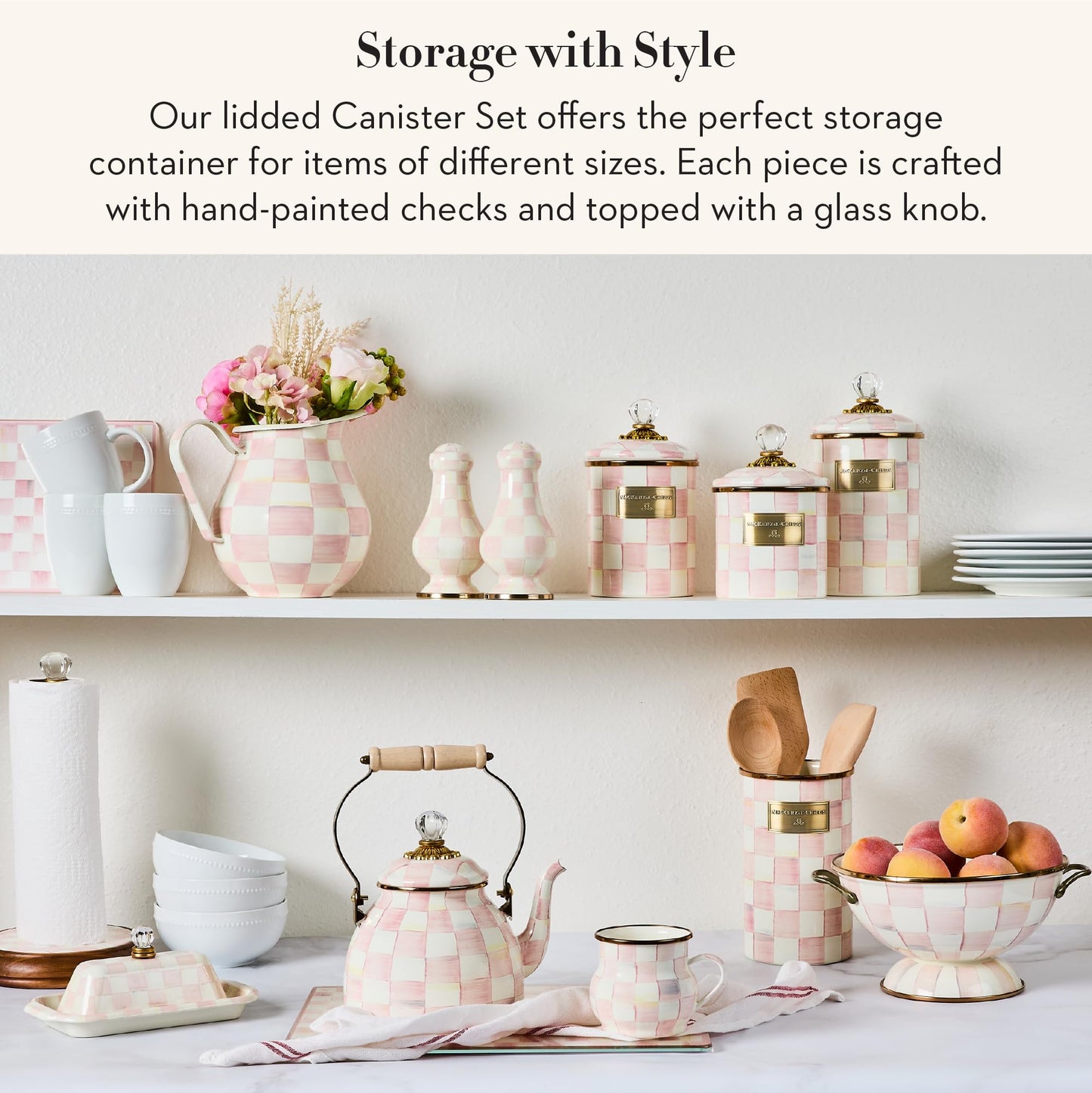 MACKENZIE-CHILDS Enamel Canisters, Small (38 oz.), Medium (48 oz.), and Large (64 oz.) Kitchen Storage Containers, Set of 3, Pink-and-White Rosy Check