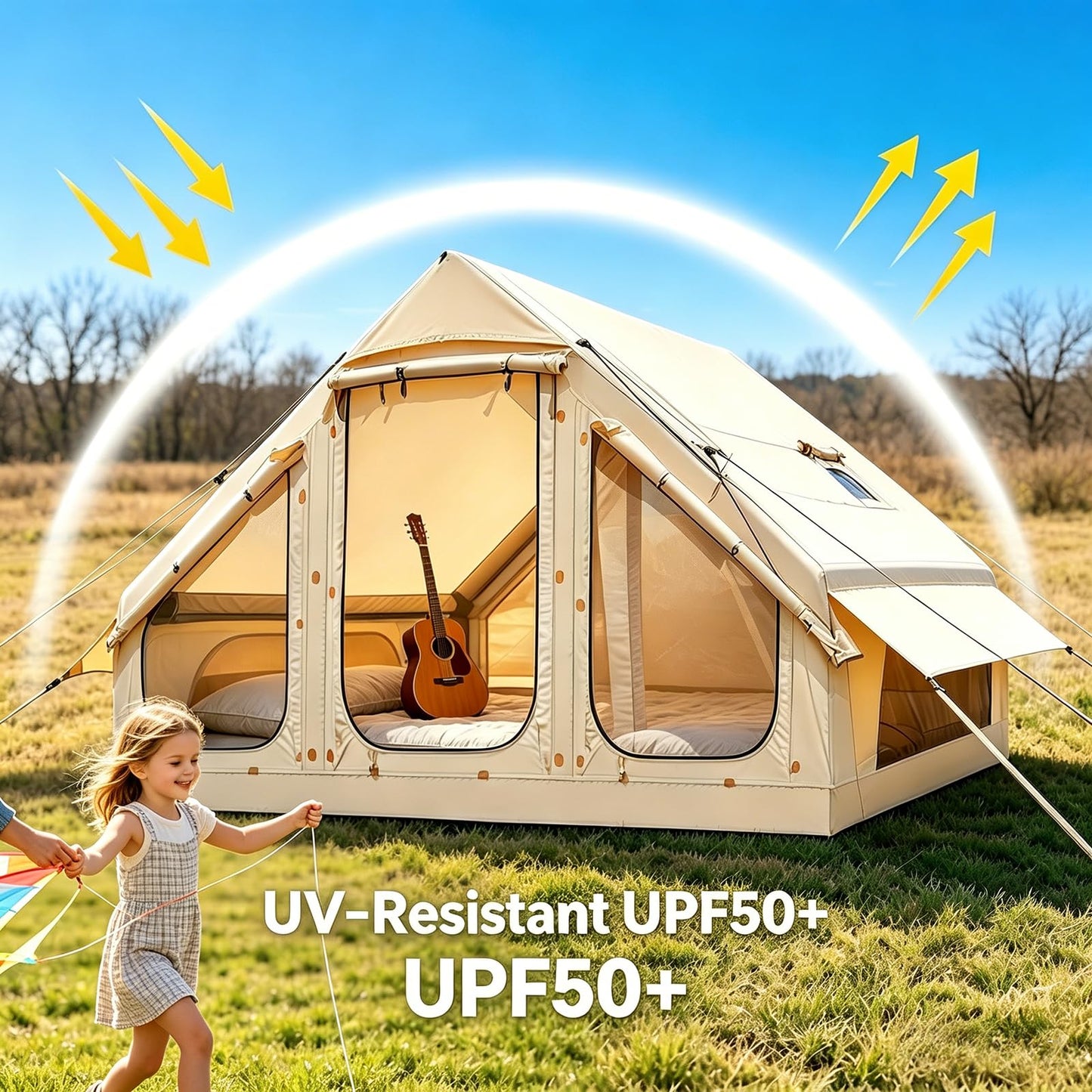 Inflatable Tents for Camping, Blow Up Tent with Hand Pump, Easy Setup Inflatable Hot Tent with Stove Jack, Waterproof Oxford Air Glamping Tents for Camping Adult 4 Person Upgrade Version