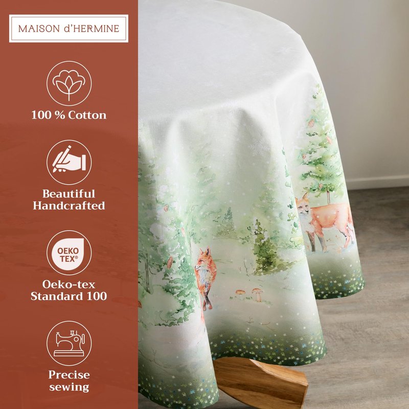 Maison d' Hermine Table Cloth Round Table 100% Cotton 63 Inches Fall Tablecloth Reusable Everyday Use for Thanksgiving Christmas Decorations Dining Farmhouse Party (Winter Mornings)