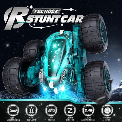Tecnock Remote Control Car 2.4GHz RC Cars with USB-C Easy Charging 4WD Double Sided 360° Rotates and Flips RC Stunt Car Toys Gift for Boys and Girls Ages 6-8 8-12