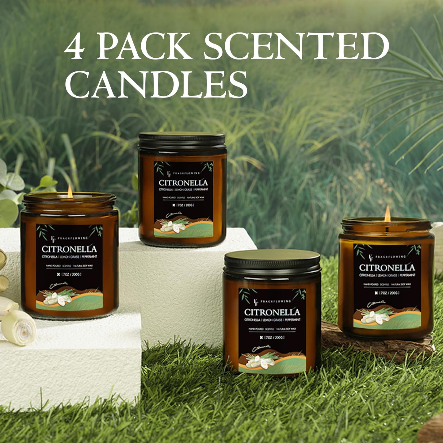 Citronella Candle, Indoor Outdoor Lemongrass Scented Candle，Natural Soy Wax Jar Candle, 50-Hour Burn Time, 7 oz