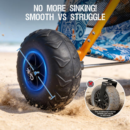 Old Bahama Bay Heavy Duty Beach Cart with 9” Balloon Wheels, All-Terrain Sand Wagon Replacement, Inflatable Big Wheels for Soft Sand, Foldable Beach Gear Carrier with Cooler & Umbrella Holder, 100lbs