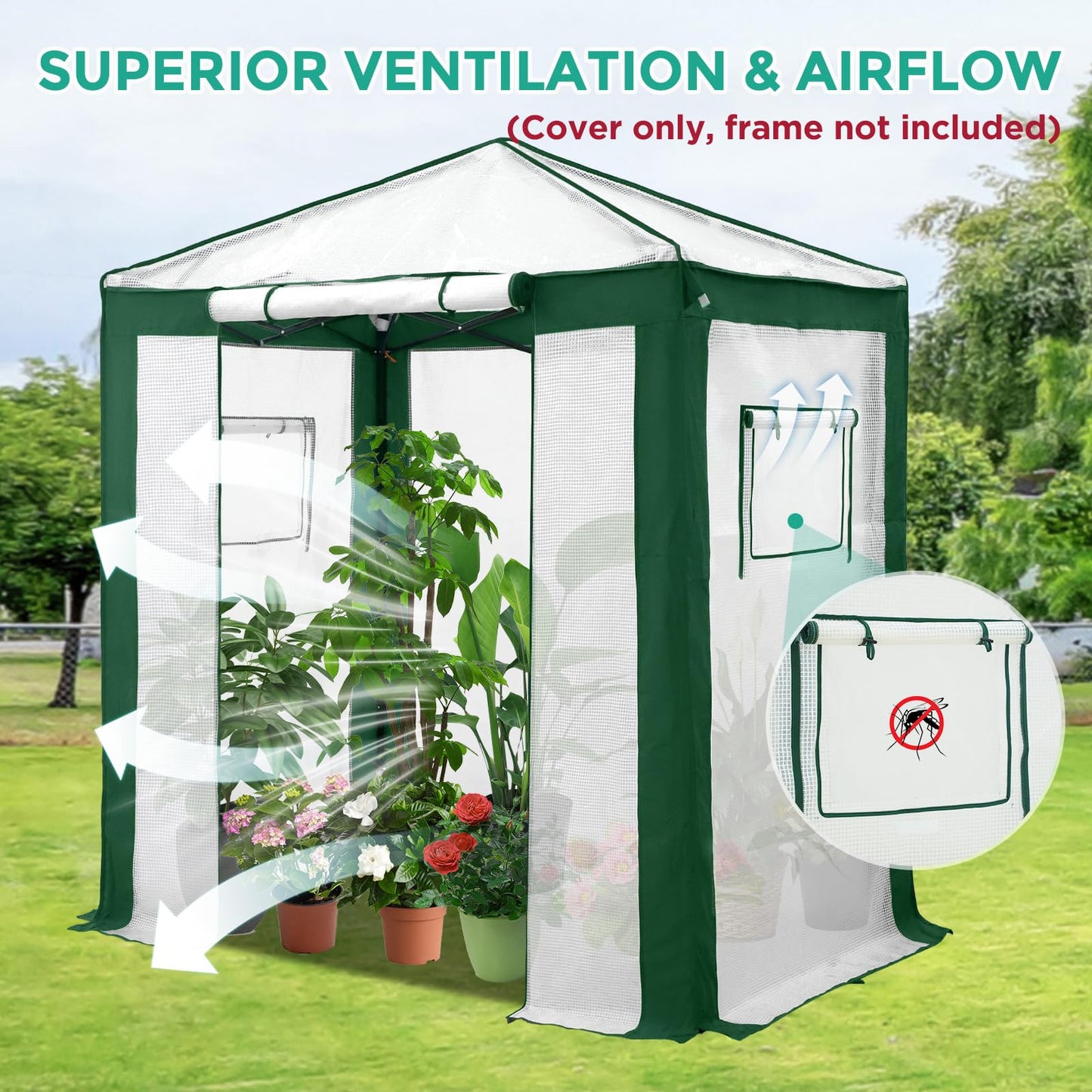 EAGLE PEAK Replacement Cover for 6x4 Portable Pop up Greenhouse with Polyester Reinforced Corners, Front Roll-Up Zipper Entry Door and 2 Roll-Up Side Windows (Frame Not Included), Green/White