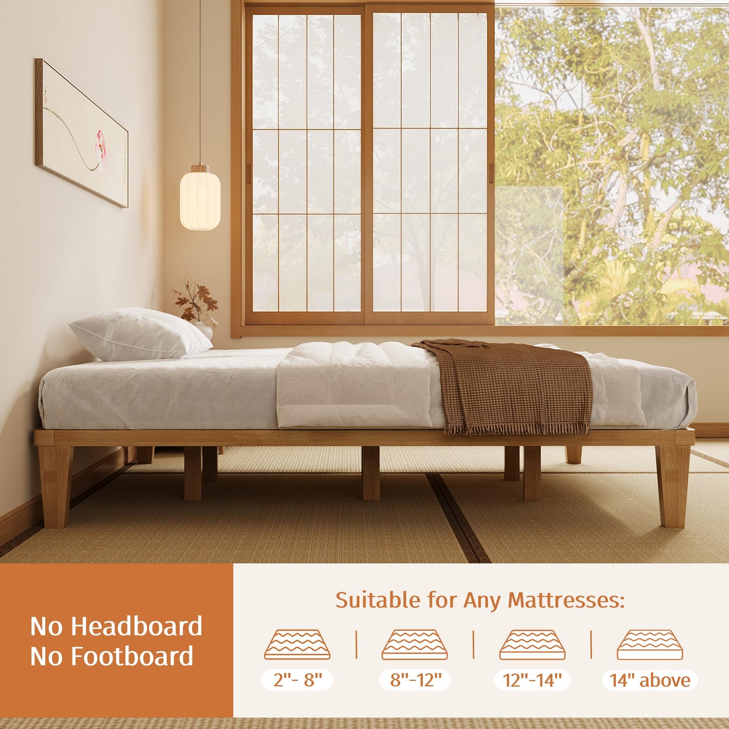 IOTXY Full Platform Bed Frame - 12 Inch Solid Wood Mattress Foundation Base with Heavy-Duty Support Slats & Legs, Rubberwood Full-Size Bedframe