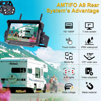 AMTIFO Wireless RV Backup Camera System - 2 HD 1080P Cameras with 7" Split-Screen Monitor,Compatible with Furrion Pre-Wired RVs,Loop Recording,Night Vision,Easy Install for Trailers Campers Trucks