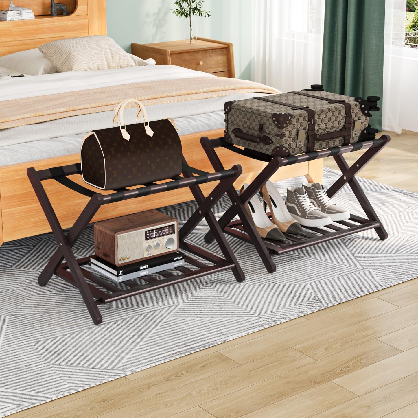 Smuxee Fully Assembled Brown Luggage Racks Pack of 2, Upgraded Bamboo Foldable Suitcase Stand with 5 Nylon Straps, Luggage Holder with Shelf for Guest Room Bedroom Hotel