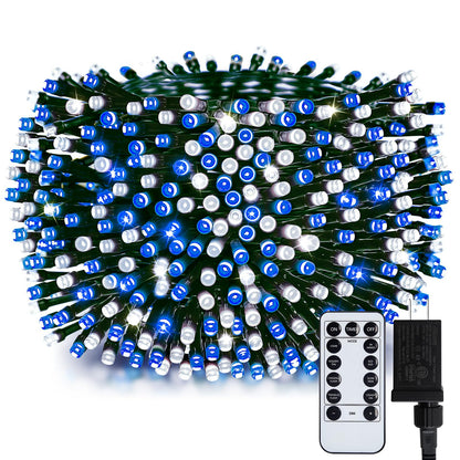 Minetom 1000 LED Christmas Tree Lights, 328 Ft, Blue & Cool White, Waterproof, 8 Modes, Remote, Indoor/Outdoor, Green Wire