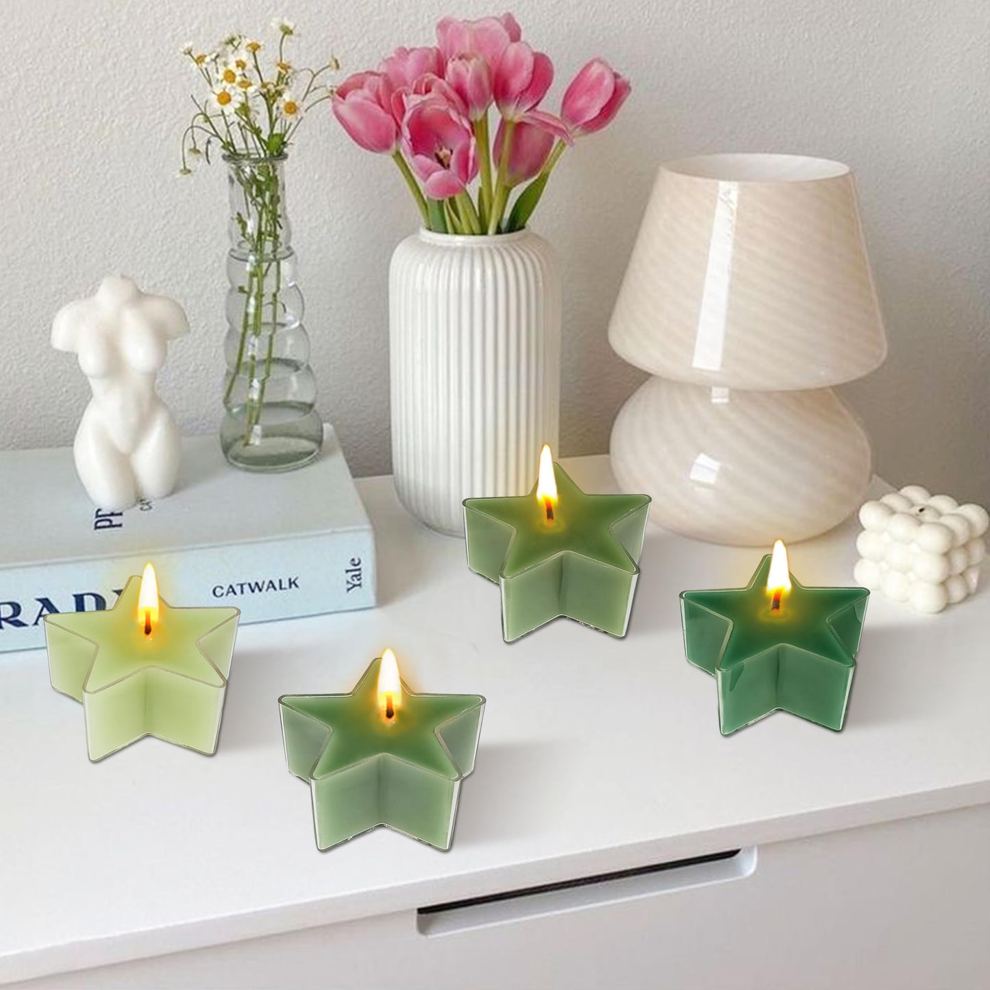Tea Lights Gradation Green Star Tea Candles Set of 12 – Tealight Candles with Cedar Scent, Long Burning Handmade Tealights for Wedding Meditation Home Decor Gift