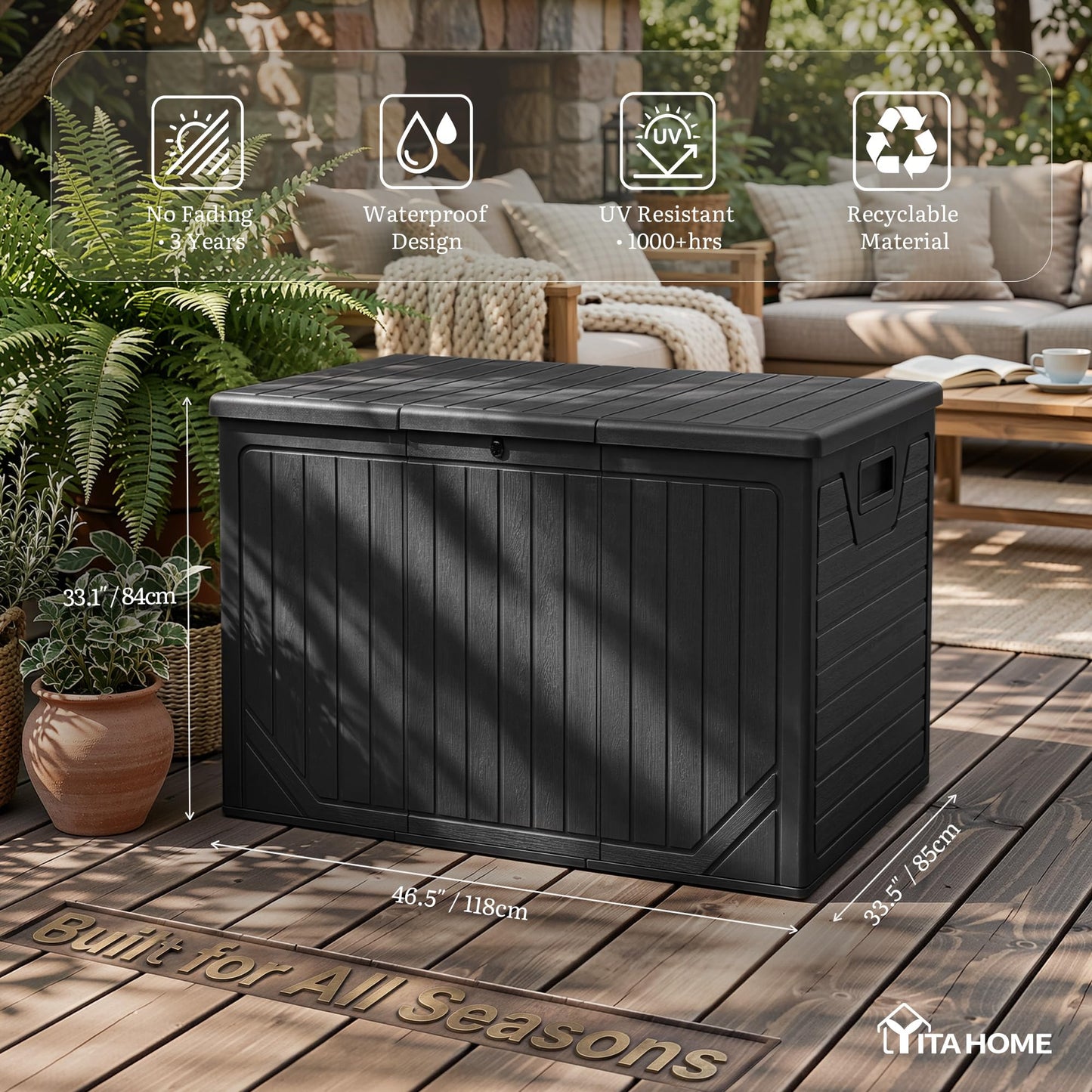 YITAHOME XXL 230 Gallon Extra Large Outdoor Deck Box, Lockable Resin Double-Wall Storage Box and Waterproof Patio Furniture Bin for Garden Tools & Pool Accessories, Black