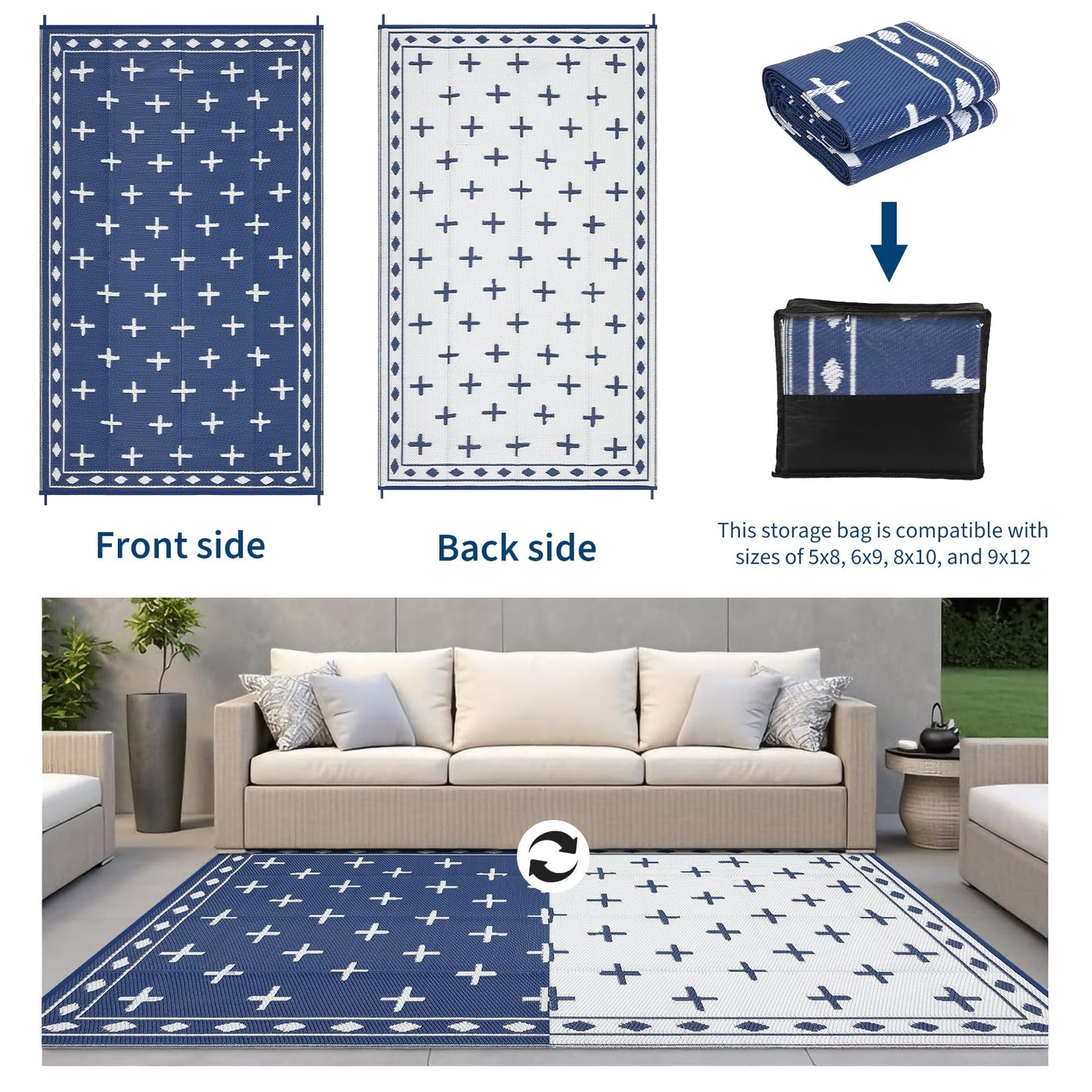 Garvee Large 9x18 Outdoor Area Rug, Waterproof Plastic Straw Mat with Framed Geometric Design for RV Awning, Patio, Deck, Garden, Camping, Beach and Backyard,Dark Blue