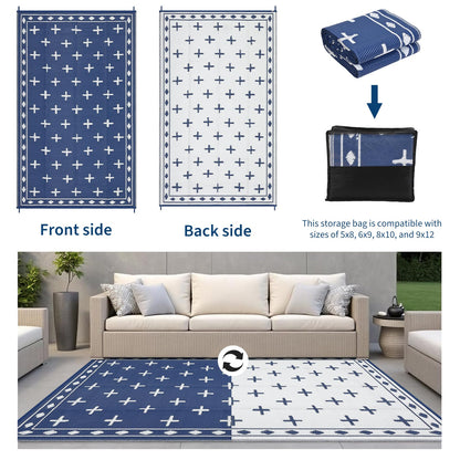 Garvee Large 9x18 Outdoor Area Rug, Waterproof Plastic Straw Mat with Framed Geometric Design for RV Awning, Patio, Deck, Garden, Camping, Beach and Backyard,Dark Blue