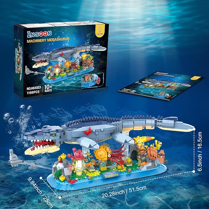 Mosasaurus Building Set with LED Light 1219 PCS Movable Ocean Animal Building Block Toy with Nautiluses Jellyfish Squid Coral Reef Ancient Reptile Home Decor Gift for Adults Teens Boys 12+