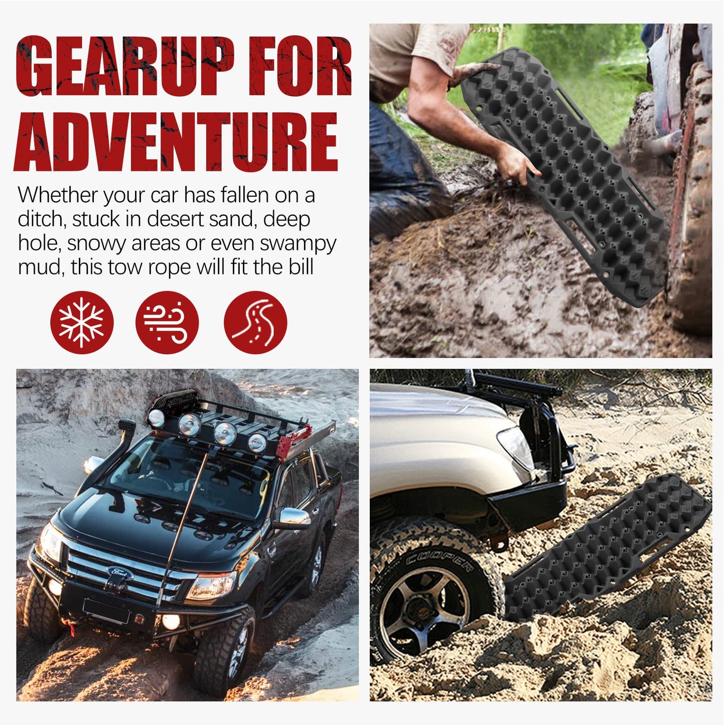 BUNKER INDUST Off-Road Traction Boards (Black) + 3" x 20ft Tree Saver Winch Strap 35,000 lbs Recovery Straps