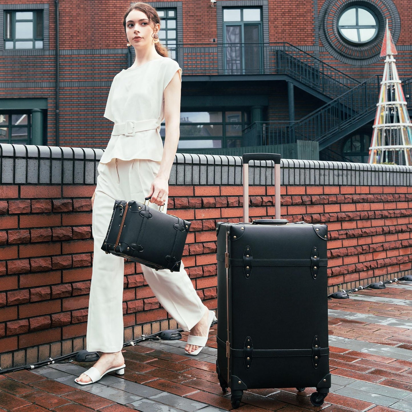 urecity Designer Vintage Trunk Combination Luggage Sets of 2 Piece, Hard Shell Retro Travel Suitcase with Wheels (Black, 20"+12")