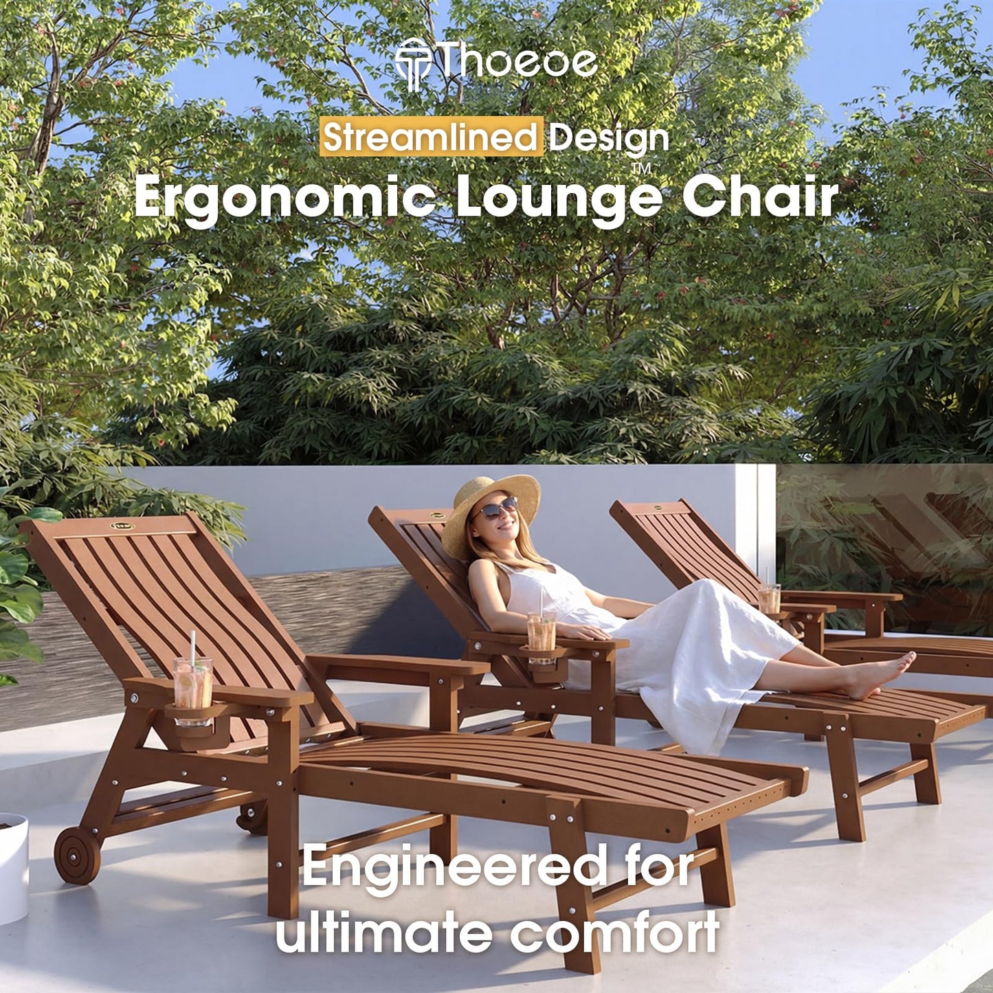 THOEOE Patio Chaise Lounge Chair, Oversized Lounge Chair Outdoor with 5 Positions, 78″ Long, HDPE, Patio Lounge Chair with Wheels & Cup Holder for Pool, Deck, Poolside,Wood