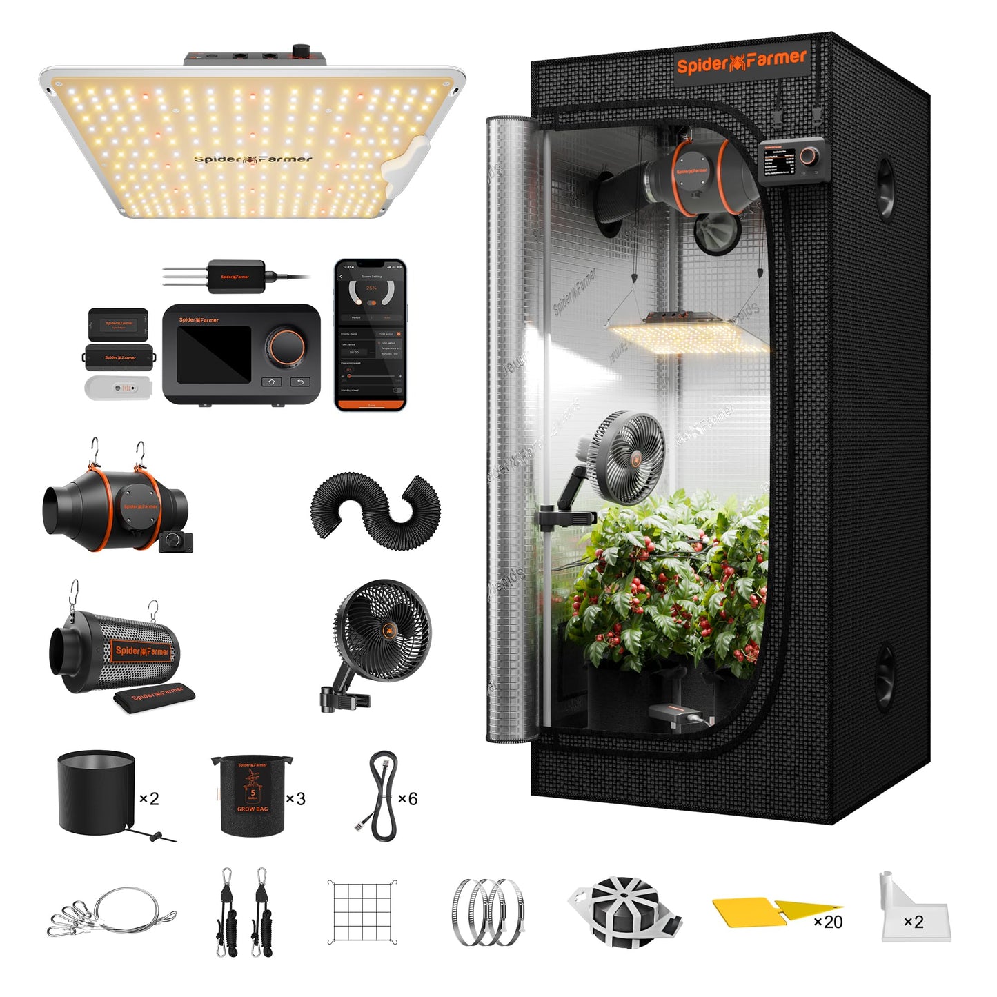 Spider Farmer 2.3 x 2.3ft Pro Grow Tent Kit 28"x28"x63" Plant Set Complete System Automatic Control with GGS Controller, SF1000 Dimmable LED Grow Light 4" Ventilation System & 6'' Clip Fan