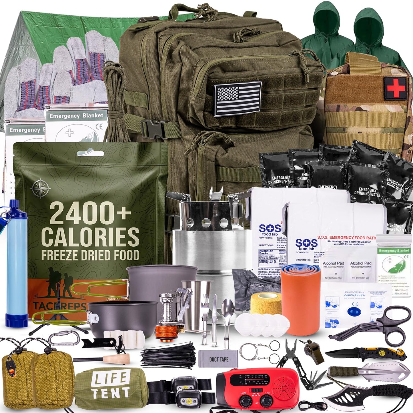TacPreps 72 Hour Survival Kit, 45L Bug Out Bag with Emergency Food, Water Filter, First Aid Kit, Shelter and Survival Tools
