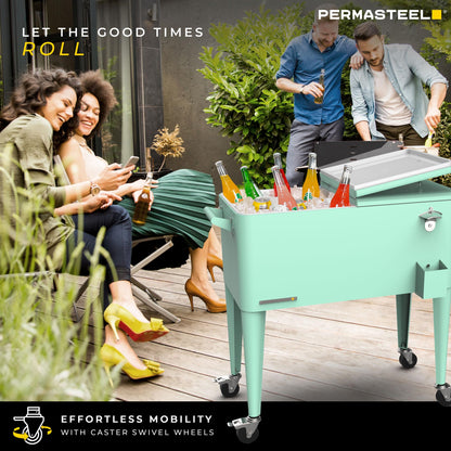 Permasteel 80-Qt Classic Outdoor Patio Cooler for Outside |Rolling Beverage Cooler Bar Cart with Wheels & Handles, Retro Design, Mint