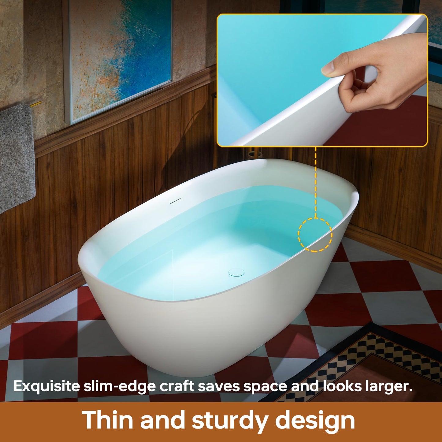 WOODBRIDGE 59" L x 32-5/8" W Luxury Contemporary Solid Surface Stone Resin Freestanding Bathtub in Matte White