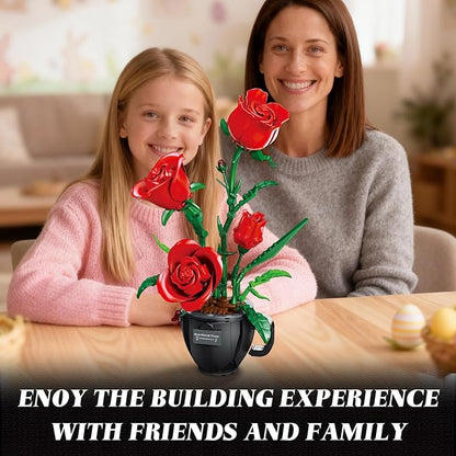 Red Roses Flowers Building Block Set with Coffee Cup Vase for Adults Compatible with Lego Flower 450PCS Rose Botanical Collection Kit for Valentine's Day Home Decor Gift for Girlfriend/Wife/Mom