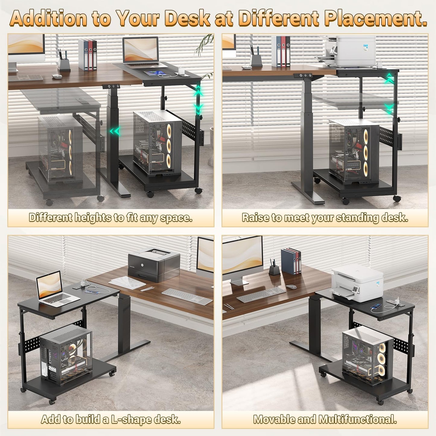 Besiost 32" Large Computer Tower Stand with Power Strips, 4 Levels Manual Height Adjustable PC Tower Stand for Under Desk, Mobile Rolling CPU Holder Computer Cart with Wheels, Carbon Fiber Black