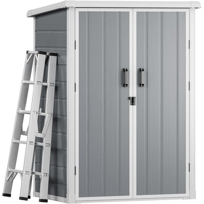 DWVO 5X3FT Outdoor Vertical Storage Shed with 2 Shelves, 60 Cu Ft Waterproof Resin Garden Shed with Floor & Lockable Door, Plastic Tall Tool Cabinet for Garbage Can, Lawn Garden Supplies, Gray