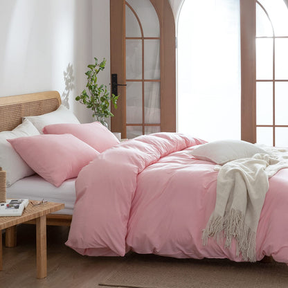 Pink Duvet Cover Twin, 100% Washed Microfiber 3-Piece Solid Color Casual Bedding Set for Boys & Girls, Zipper Closure, Luxury Ultra Soft Comfort (Twin)