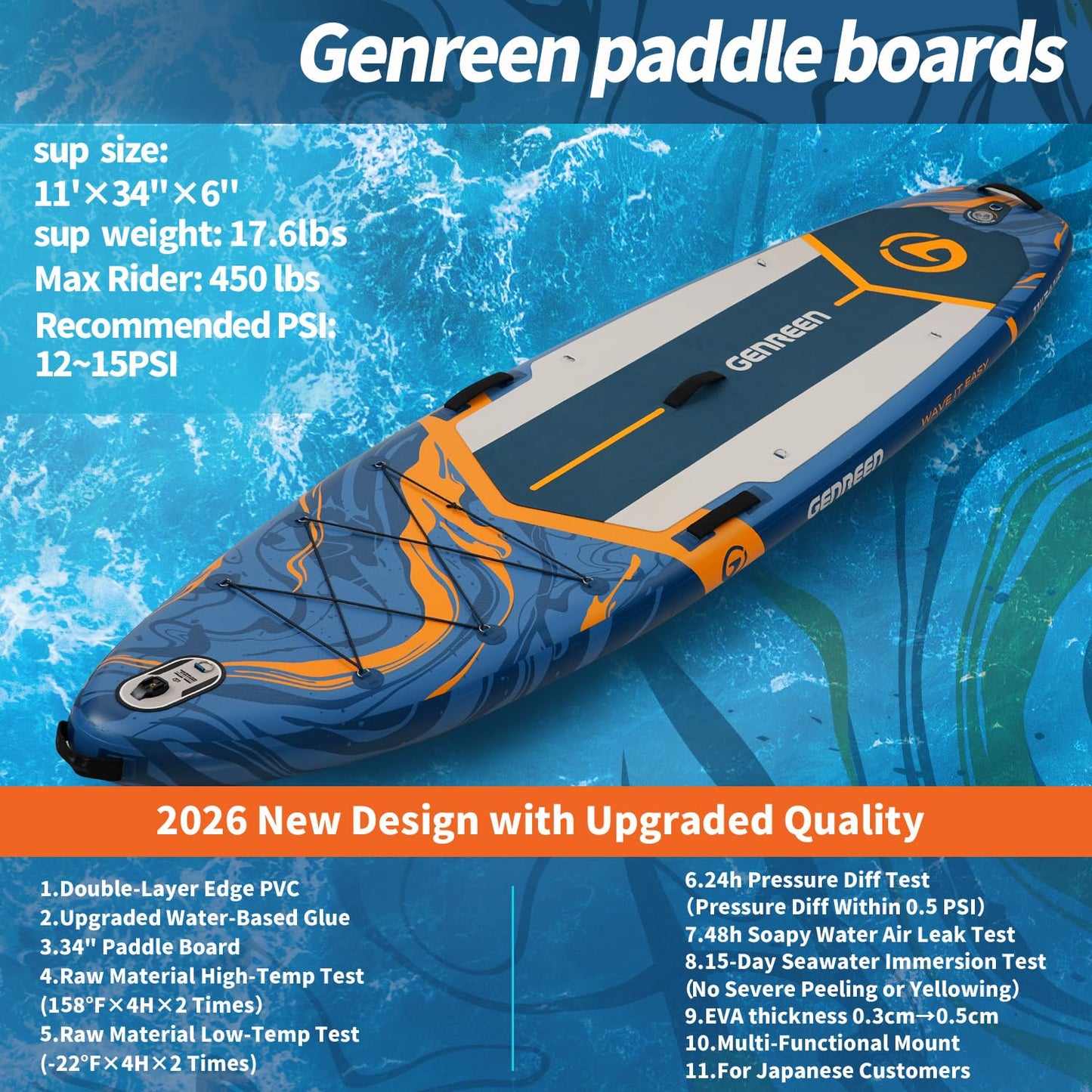 GENREEN Stand Up Paddle Board SUP Inflatable Paddleboard Newly Improved Quality Inspection5 Ultra Stable 5 Grips 450LBS 3 Fins EVA 0.5cm Wide 11'34"6" for JP Customers (Ocean Blue)