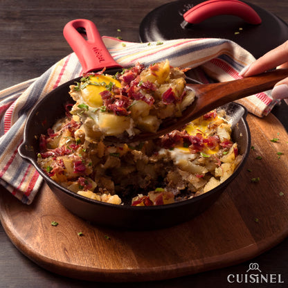 Cuisinel Cast Iron Skillets Set with Lids - 8"+10"+12"-inch Pre-Seasoned Covered Frying Pan Set + Silicone Handle and Lid Holders + Scraper/Cleaner - Indoor/Outdoor, Oven, Stovetop, Fire Safe Cookware