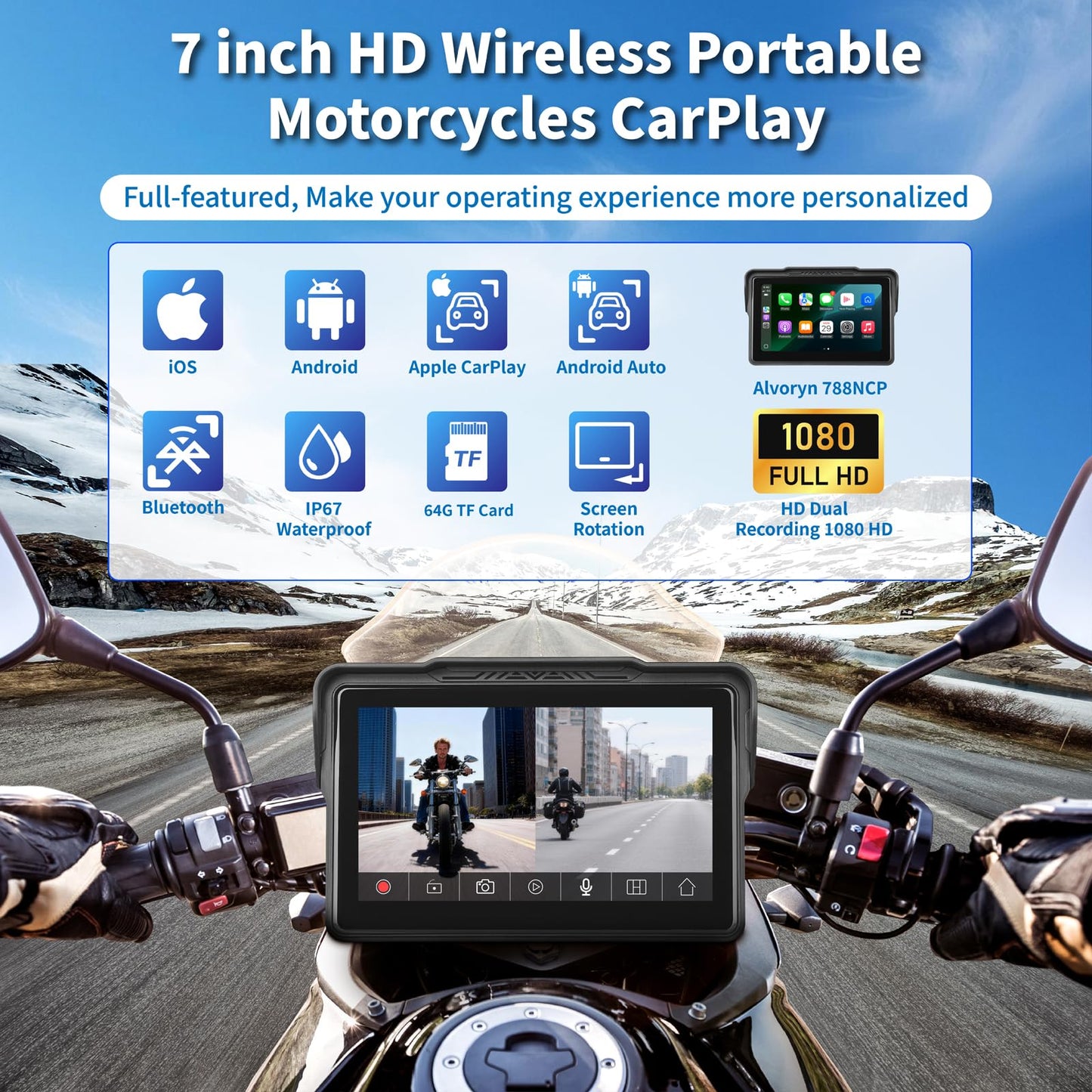 Motorcycle CarPlay Screen 7", Waterproof GPS Display for Motorbike, Wireless CarPlay & Android Auto para Moto, Dual Bluetooth, Touchscreen, Music Sharing Siri (7" Wireless CarPlay) (Dual Camera)
