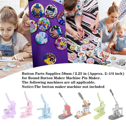 PPTTOODD 100 Sets 58mm / 2.25 in (Approx. 2-1/4 inch) Button Making Supplies for Your Round Button Maker Machine, Including Metal Covers, Plastic Back Covers, Clear Plastic Film & Blank Paper
